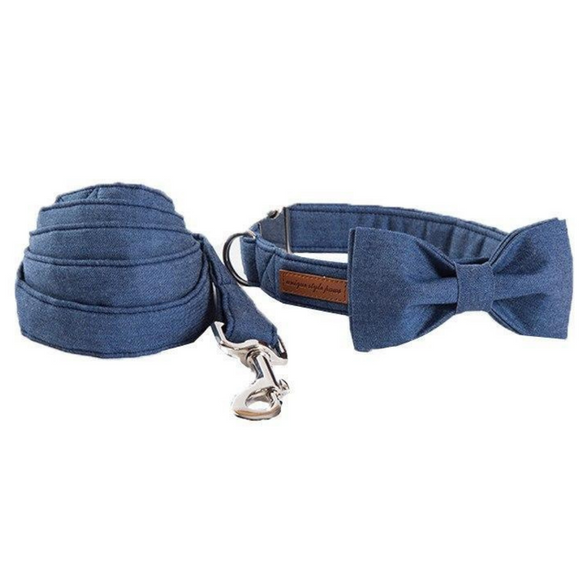 Denim Blue Designer Collar, Bowtie & Leash Sets Dogs & Cats