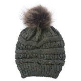 Beanie Hat with Pom Confetti Knit Ribbed Wool