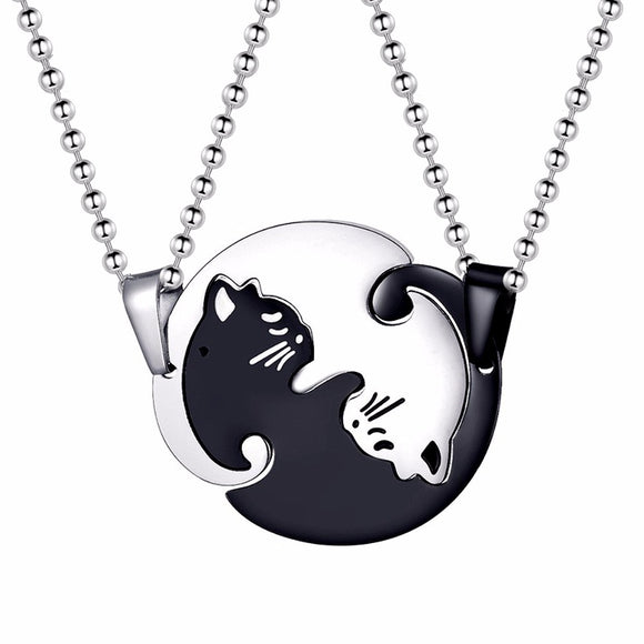 Cat Couples Yin Yang Matching Cat Pendant Necklaces Black & Silver | Posh Pick Me Ups