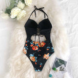 Black Floral Halter Cutout High-Waist One-Piece Swimsuit