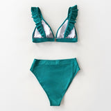 Green Ruffled High-Waisted Bikini Swimsuit Set back view on white| Posh Pick Me Ups