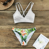 White & Green Leaf Floral Print Low-waist Sexy Bikini Lace Up Swimsuit