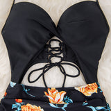 Black Floral Halter Cutout High-Waist One-Piece Swimsuit