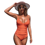 Sexy Orange Shirring V-neck One-Piece Swimsuit