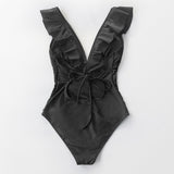 Black Ruffled V-Neck One-Piece Swimsuit display back View | Posh Pick Me Ups