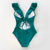 Green Ruffled V-Neck One-Piece Swimsuit display back  View | Posh Pick Me Ups
