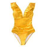 Yellow  Ruffled V-Neck One-Piece Swimsuit display front View | Posh Pick Me Ups