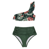 One Shoulder Ruffle High Waist Green Floral Bikini Swimsuit