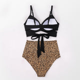 Black & Leopard Wrap Push Up High Waisted Bikini on white back view | Posh Pick Me Ups