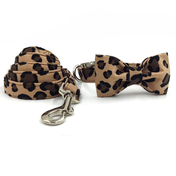Leopard Print Designer Dog Collar Bowtie & Leash Sets Dogs & Cats