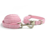 Pink & White Gingham Designer Dog Collar, Bowtie, Leash Set Dog & Cats