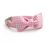 Pink & White Gingham Designer Dog Collar, Bowtie, Leash Set Dog & Cats