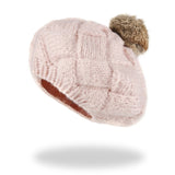 Beret Braided Knit with Fur Pom Beanie Hat